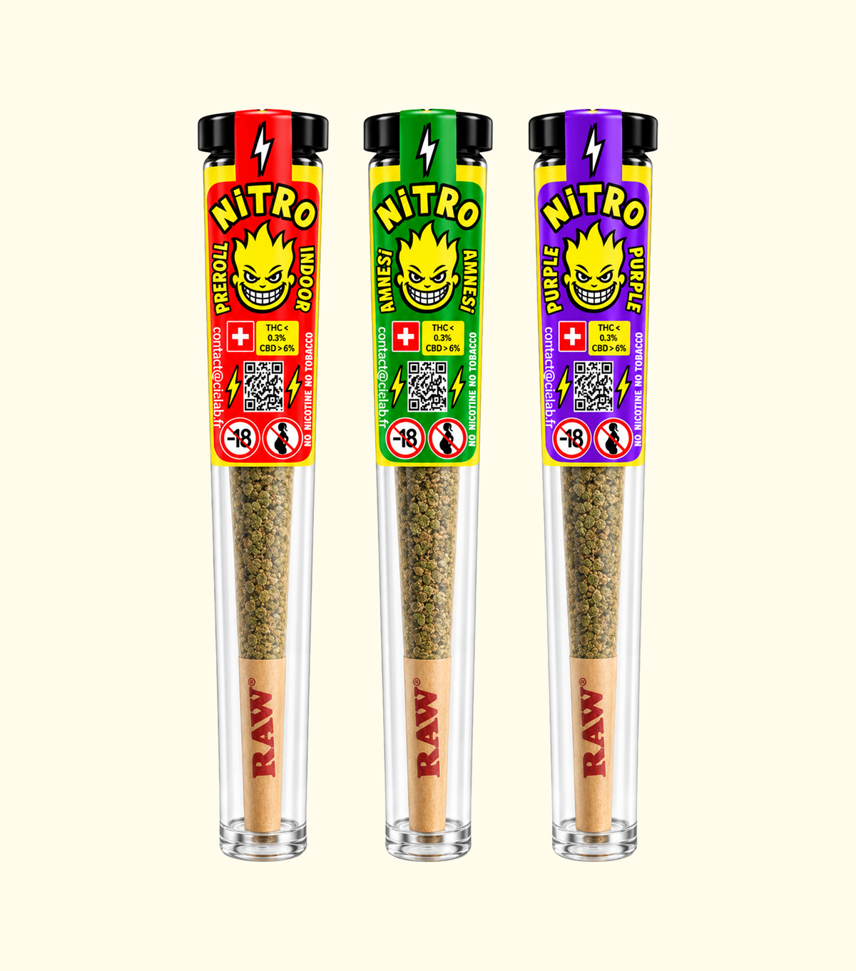 Pré-Rolls Nitro CBD Red Cali, Purple et Amnesia – Cica Lab